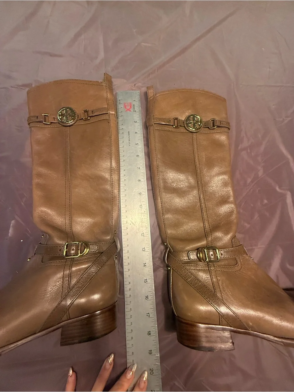 Tory Burch Calista Taupe Gold Leather Logo Belt Knee Riding Boots Size 6 $495
